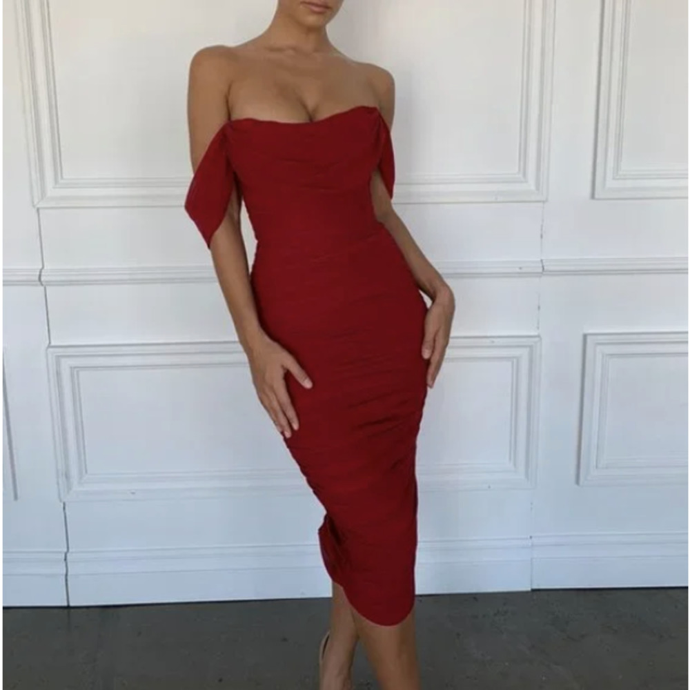 House of CB Carlotta Wine Ruched Draped Chiffon Dress Womens XSmall